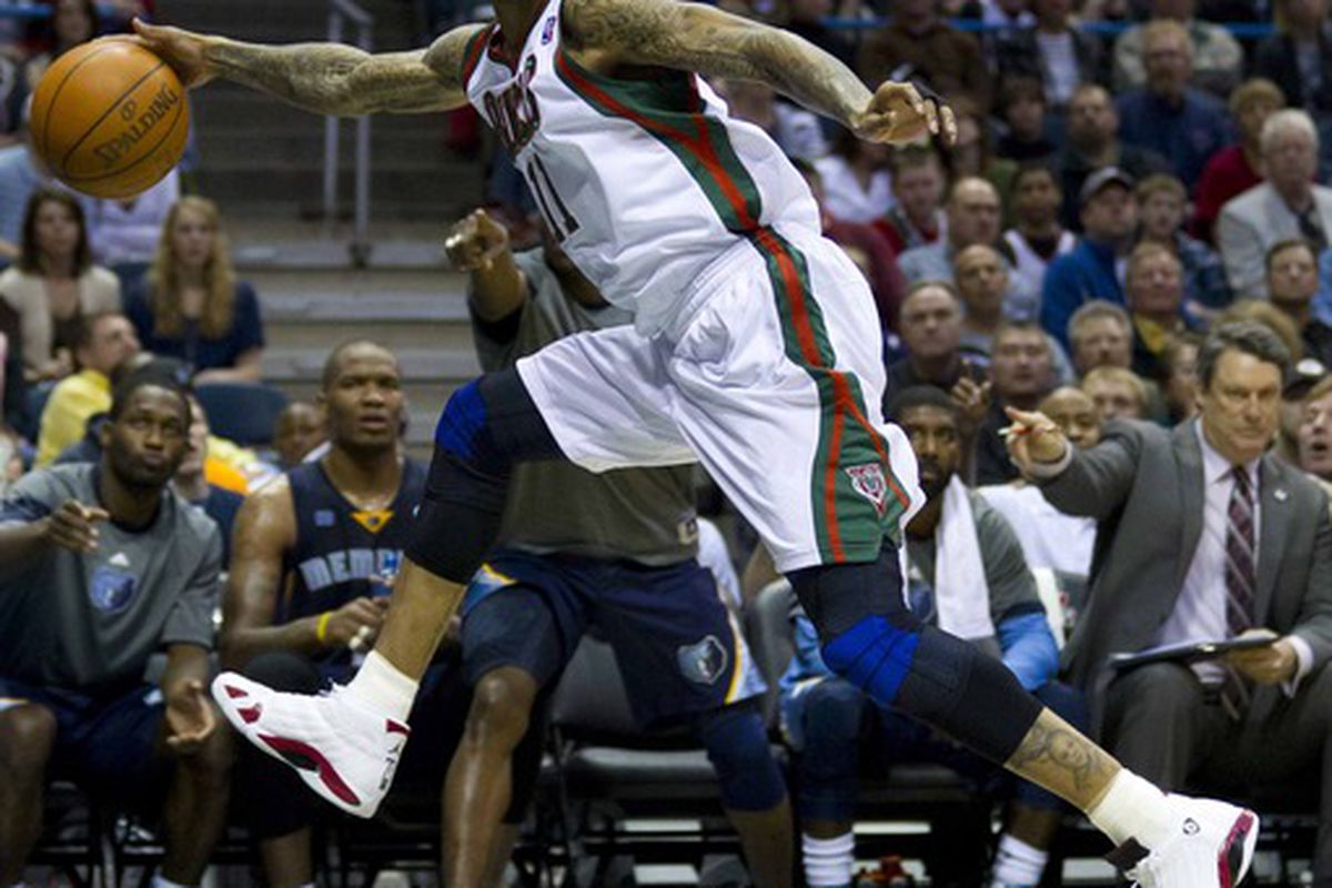 Mar 31, 2012; Milwaukee, WI, USA;  Milwaukee Bucks guard Monta Ellis (11) during the game against the Memphis Grizzlies at the Bradley Center.  The Grizzlies defeated the Bucks 99-95.  Mandatory Credit: Jeff Hanisch-US PRESSWIRE