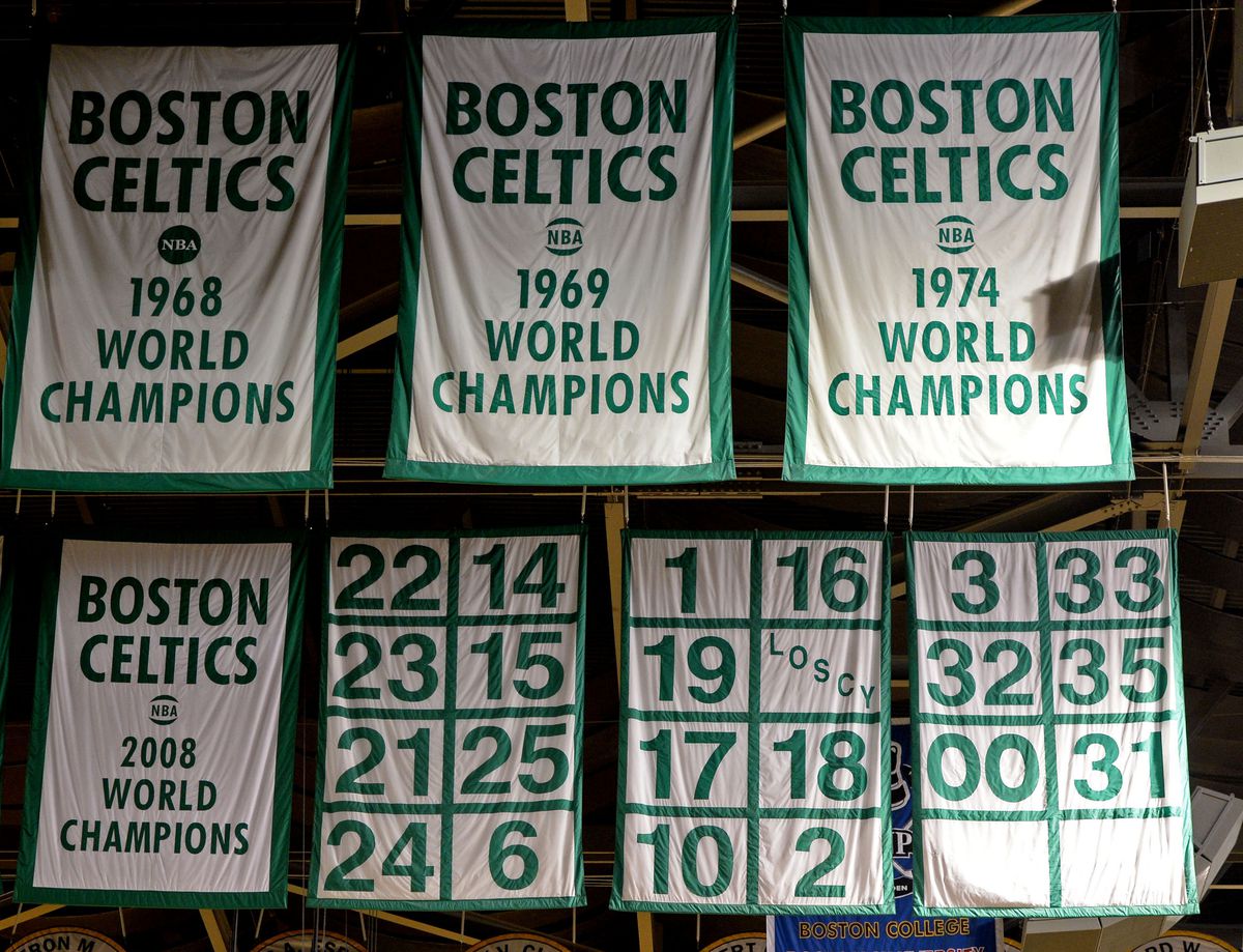 (Boston, MA, 05/01/17) Boston Celtics players’ retired number banners hang from rafters at TD Garden on Monday, May 01, 2017. Celtics ownership confirmed that the NBA franchise has future plans to retire Paul Pierce’s number 34. Staff photo by Christ