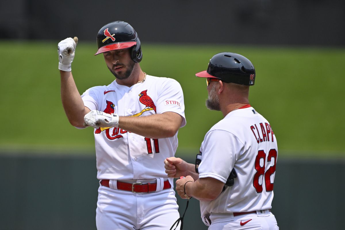 St. Louis Cardinals shortstop Paul DeJong reacts after hitting a single against the Washington Nationals during the second inning at Busch Stadium.
