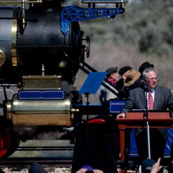 U.S. Secretary of the Interior David Bernhardt speaks at the Spike 150 celebration at Golden Spike National Historic Park at Promontory Summit on Friday, May 10, 2019.