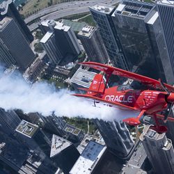 Sean Tucker flies over Chicago on media day for Chicago Air and Water Show. | Colin Boyle/Sun-Times