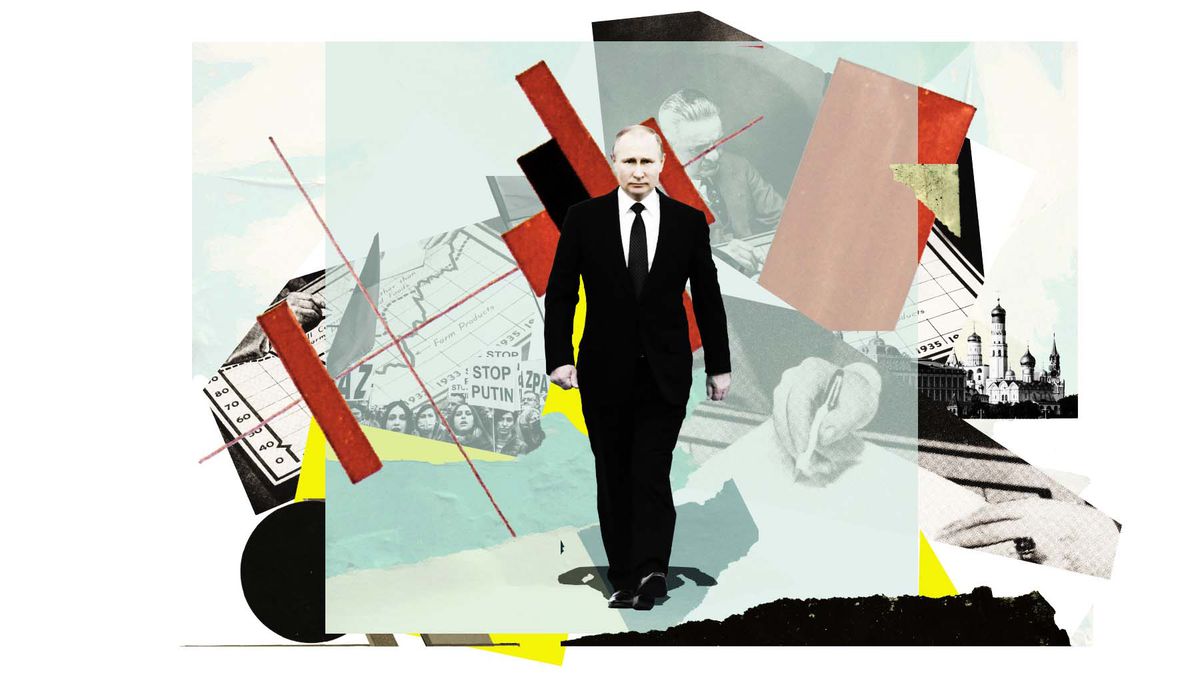 An illustration of Putin walking ahead, surrounded by images of government, “Stop Putin” protests, and document signing.