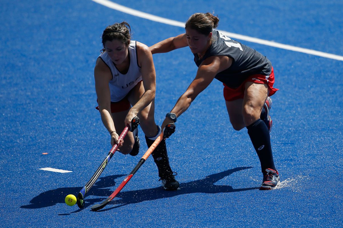 LONDON, ENGLAND - JULY 24:  The United States women's field hockey team practice during a training session ahead of the London Olympic Games at at Riverbank Arena on July 24, 2012 in London, England.  (Photo by Jamie Squire/Getty Images)