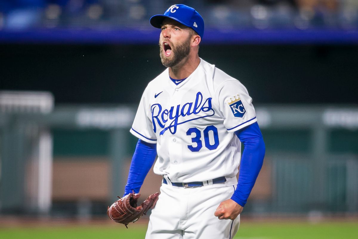 Kansas City Royals starting pitcher Danny Duffy (30) lets out a shout after striking out a batter during game two of the MLB series between the Kansas City Royals and the Los Angeles Angels on Tuesday April 13, 2021 at Kauffman Stadium in Kansas City, MO.