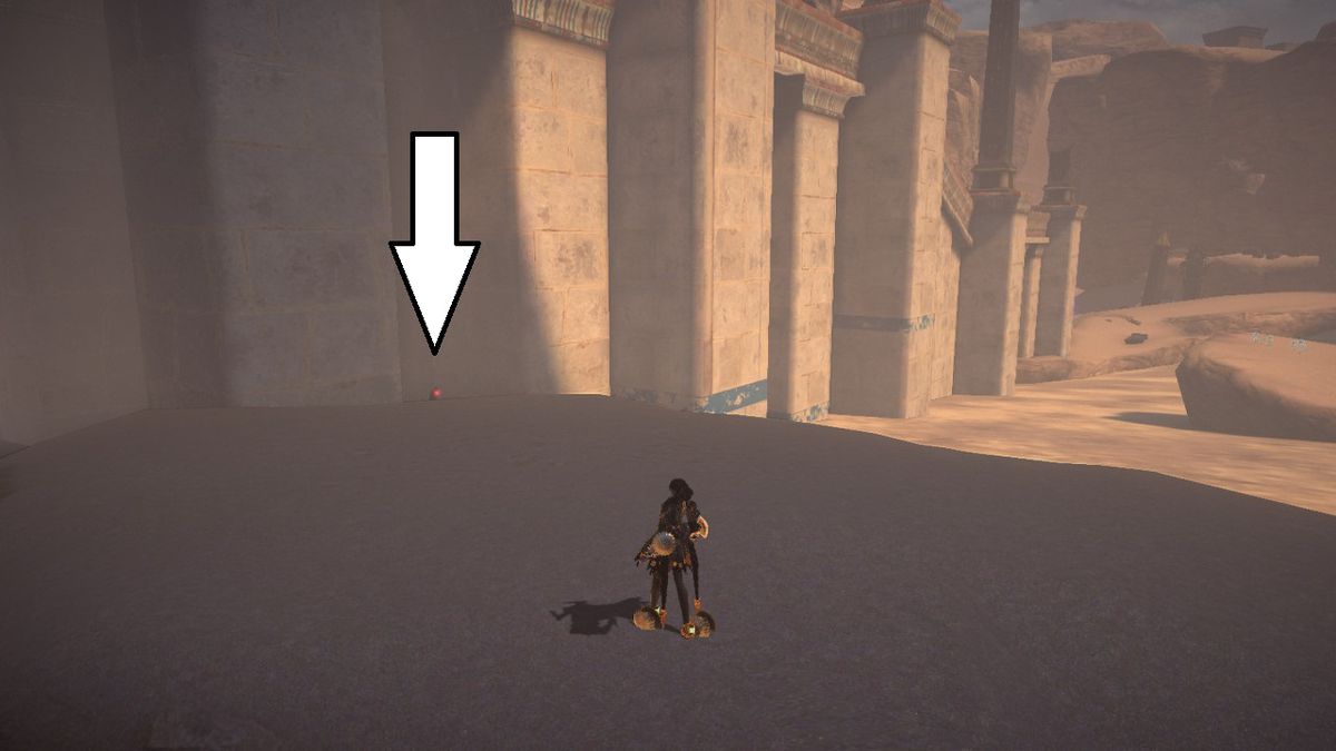 An arrow points to a tiny crow along the walls of a temple in the desert