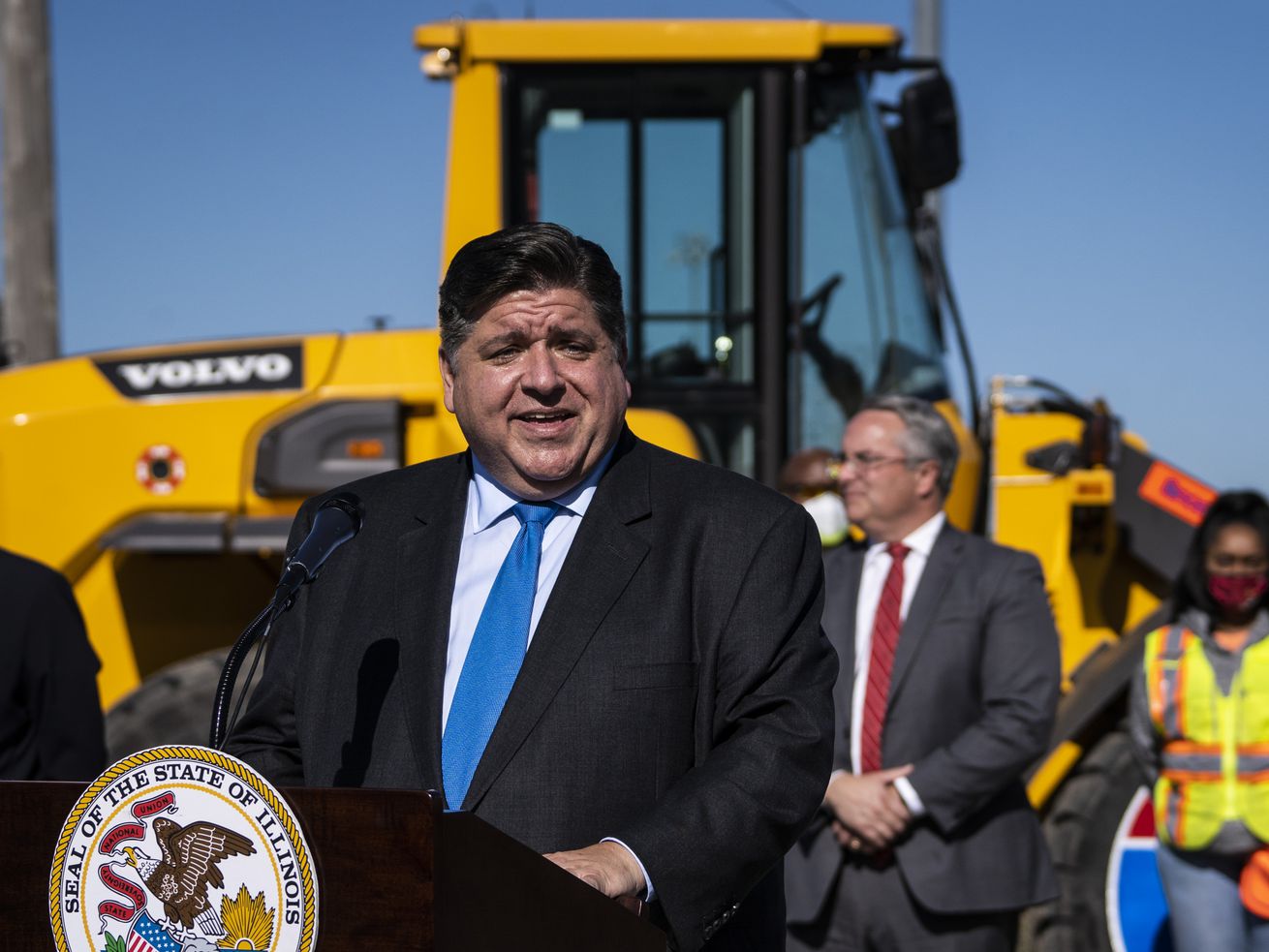 Gov. J.B. Pritzker announces a 6-year construction timeline to improve I-80, made possible by the Rebuild Illinois capital program, during a news conference at IDOT New Lenox, Monday morning, Oct. 18, 2021.