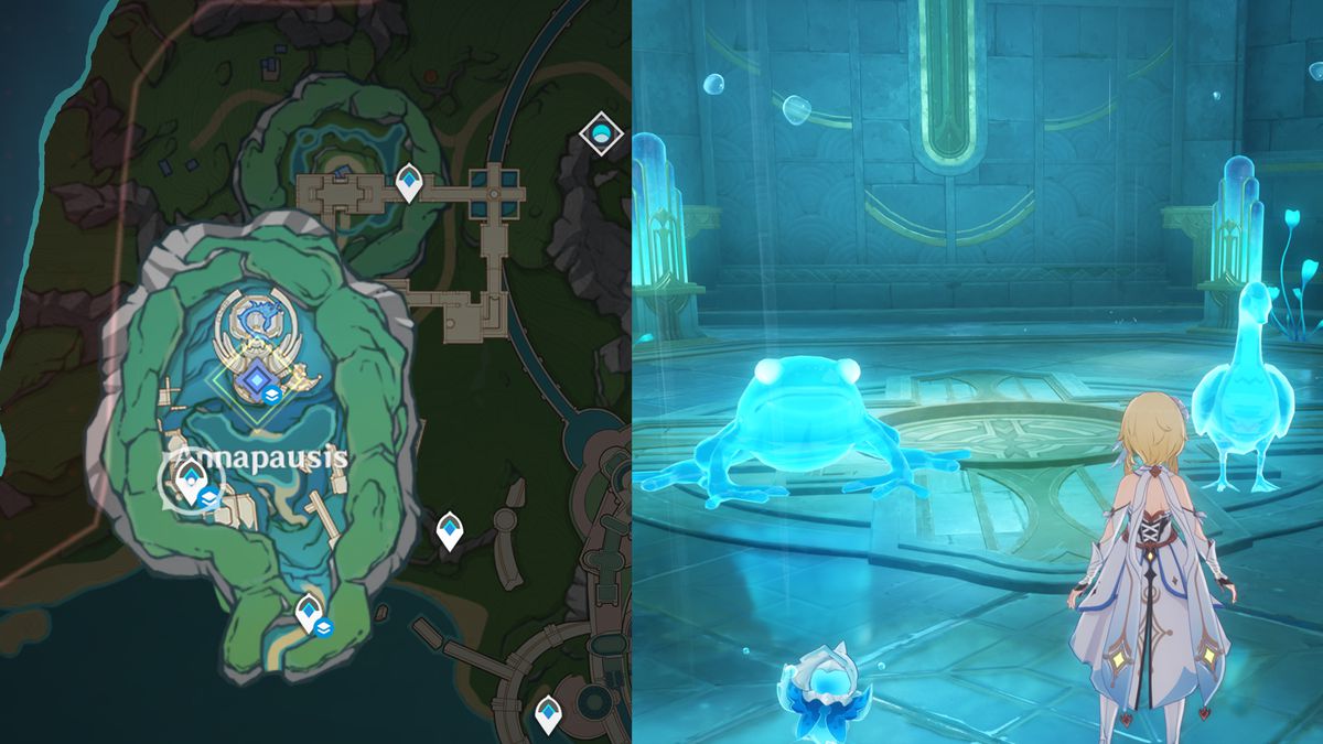 A split images shows a map of Fontaine and a woman in a fountain area in Genshin Impact.