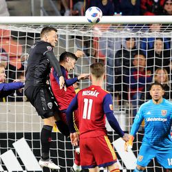 D.C. United defender Frederic Brillant (13) and Real Salt Lake midfielder Damir Kreilach (6) battle in front of the goal as Real Salt Lake and D.C. United play an MLS Soccer match at Rio Tinto Stadium in Sandy on Saturday, May 12, 2018.