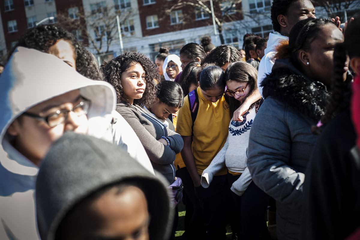 Students participate in a walkout protesting gun violence in America at Bronx Academy of Letters in New York City on March 14, 2018.