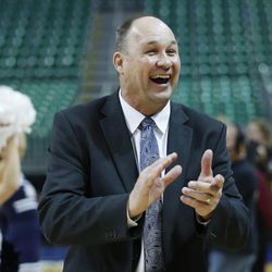 Brigham Young Cougars head coach Jeff Judkins celebrates the win over the Santa Clara Broncos during the WCC tournament in Las Vegas Monday, March 7, 2016. BYU won 87-67.