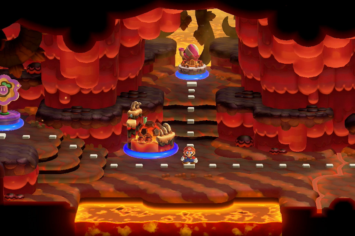 Super Mario Bros. Wonder Mario standing at the Hot-Hot Hot! level in W6 Deep Magma Bog