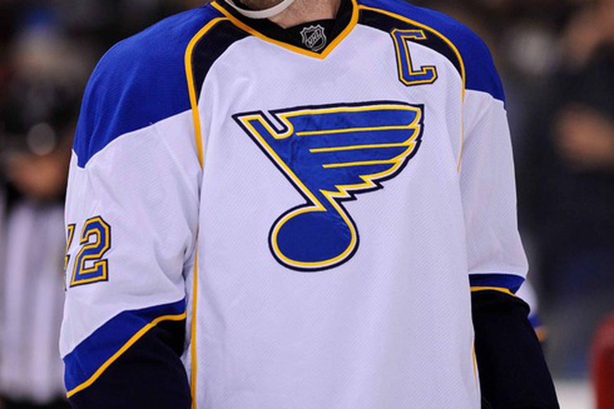 Apr 7, 2012; Dallas, TX, USA; St. Louis Blues center David Backes (42) waits for play to resume against the Dallas Stars during the game at the American Airlines Center. The Blues defeated the Stars 3-2.  Mandatory Credit: Jerome Miron-US PRESSWIRE