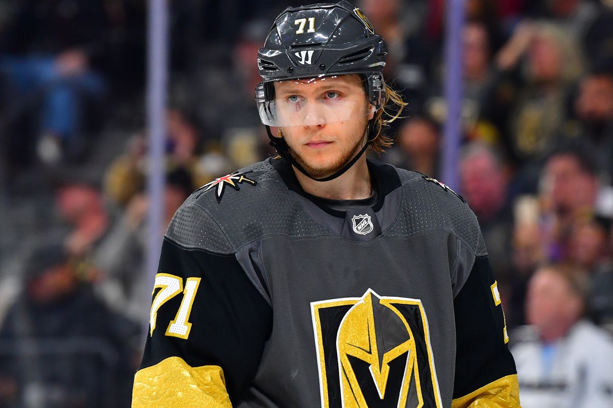 Vegas Golden Knights center William Karlsson looks on during the third period against the Buffalo Sabres at T-Mobile Arena.