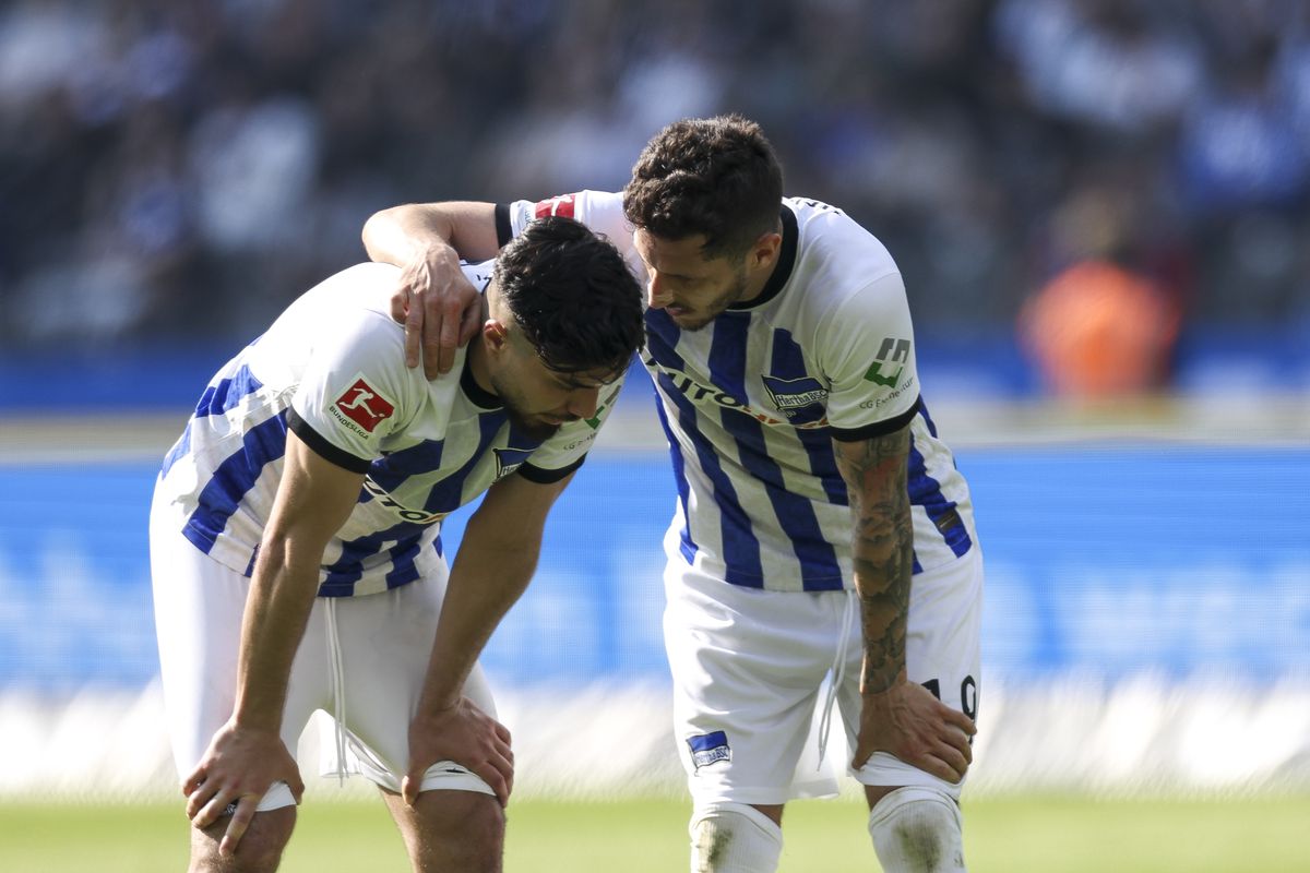 BERLIN, GERMANY - MAY 20: Suat Serdar and Stevan Jovetic of Hertha BSC react during the Bundesliga match between Hertha BSC and VfL Bochum 1848 at Olympiastadion on May 20, 2023 in Berlin, Germany.