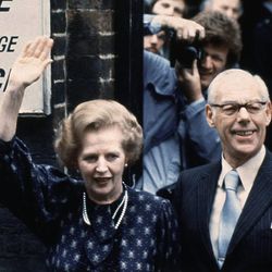 This is a June 9, 1983. file photo of British Prime Minister Margaret Thatcher leaves the Castle lane, Westminster, London  England polling station with her husband, Dennis, after casting their votes in the general election . Former British Prime Minister Margaret Thatcher, whose conservative ideas made an enduring impact on Britain Monday April 8, 2013, has died. She was 87. 