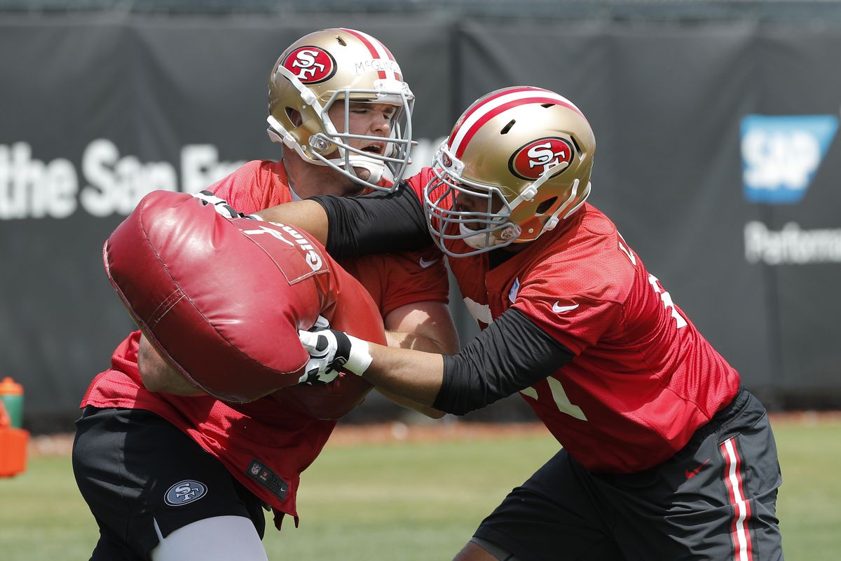 49er rookies Mike McGlinchy, (69), (left) and Andrew Lauderdale, (61) run drills during San Francisco 49ers mini-camp at their practices fields in Santa Clara, Ca. on Fri. May 4, 2018.