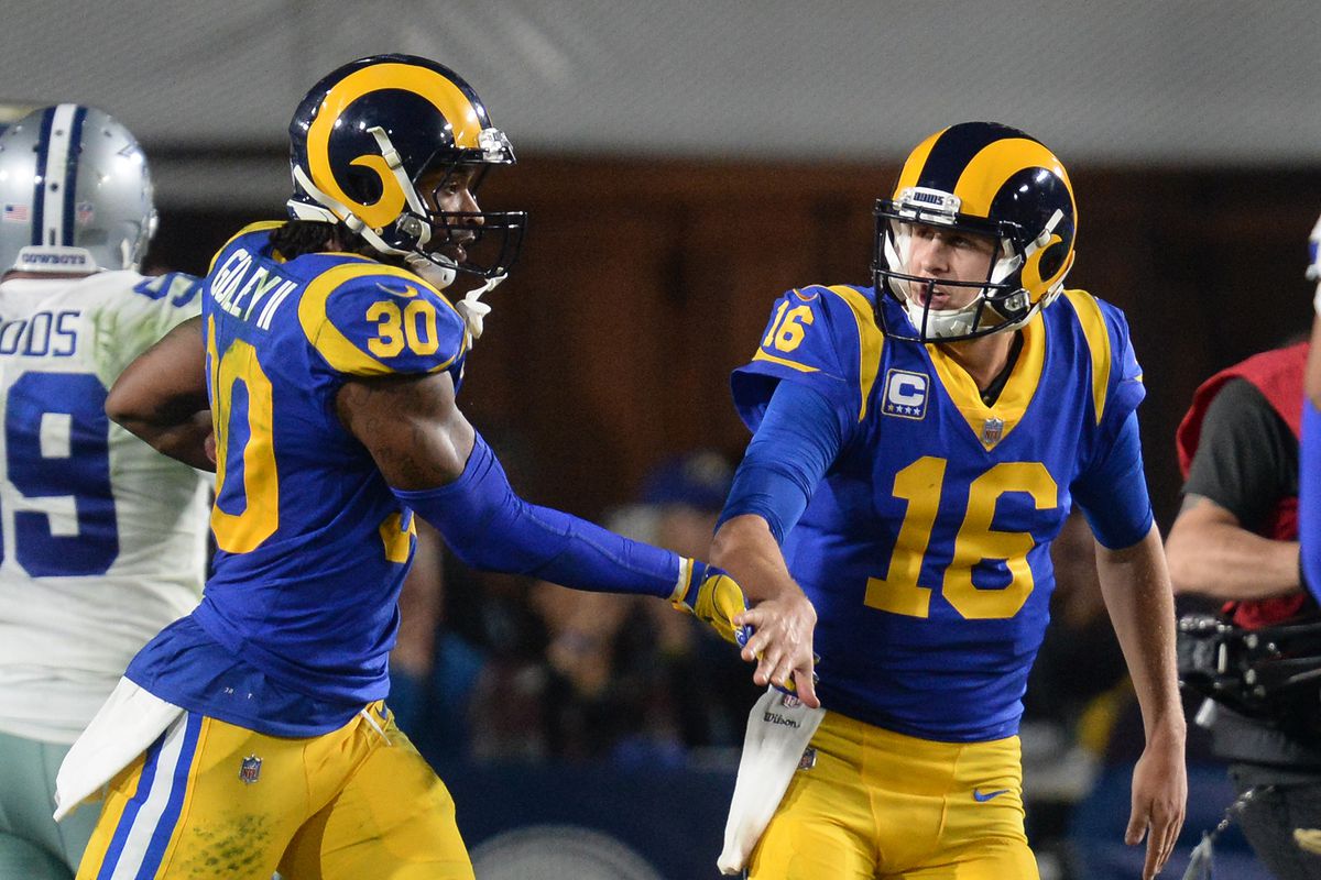 Los Angeles Rams RB Todd Gurley celebrates with QB Jared Goff after scoring a touchdown against the Dallas Cowboys in the NFC Divisional playoffs, Jan. 12, 2019.
