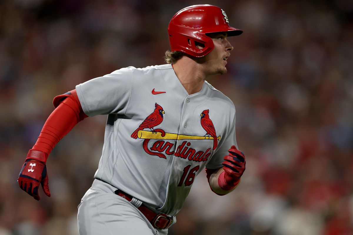Nolan Gorman #16 of the St Louis Cardinals runs the baseline after hitting a double against the Colorado Rockies in the sixth inning at Coors Field on August 09, 2022 in Denver, Colorado.