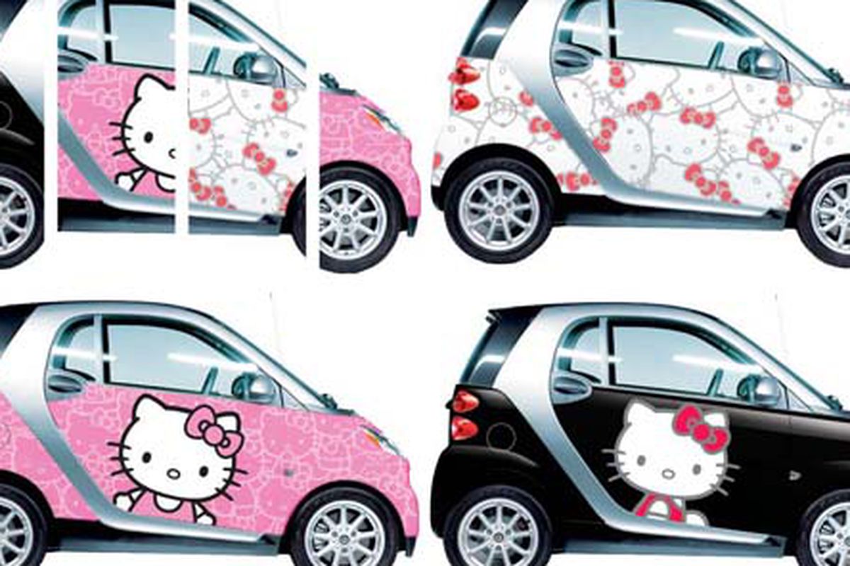 ZOMG, cute overload! Image via <a href="http://www.freshnessmag.com/2010/10/22/smart-usa-x-sanrio-hello-kitty-car/">Freshness</a>