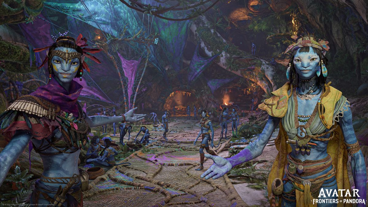 two Na’vi women welcome the player to a forest settlement of the Aranahe clan in Avatar: Frontiers of Pandora