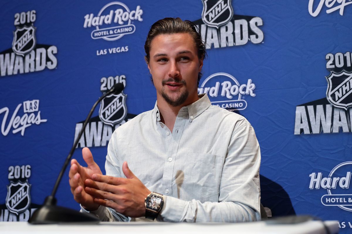 LAS VEGAS, NV - JUNE 21: Erik Karlsson of the Ottawa Senators speaks with the media during a press availability on June 21, 2016 at the Encore Ballroom in Las Vegas, Nevada. The 2016 NHL Award Ceremony will by held on June 22 at the Encore Theater at Wynn