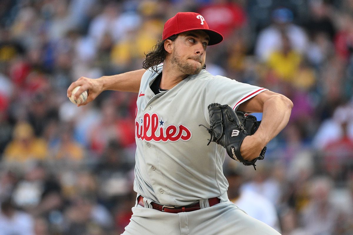 Aaron Nola of the Philadelphia Phillies delivers a pitch in the first inning during the game against the Pittsburgh Pirates at PNC Park on July 29, 2023 in Pittsburgh, Pennsylvania.