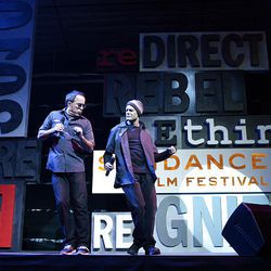 John Cooper, left, director of the Sundance Film Festival, and actor David Hyde Pierce, emcee of the Sundance Film Festival Awards Ceremony, perform a rap about the festival to kick off the awards ceremony at the Racquet Club in Park City on Saturday, Jan. 30.