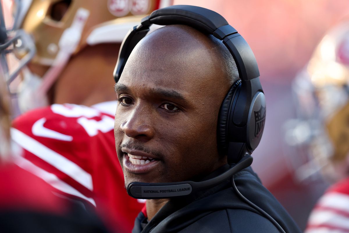 Defensive Coordinator DeMeco Ryans of the San Francisco 49ers looks on during the first half against the Dallas Cowboys in the NFC Divisional Playoff game at Levi’s Stadium on January 22, 2023 in Santa Clara, California.