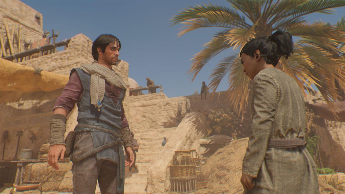 Basim, as a street thief, speaks to a younger neighbor in Baghdad in Assassin’s Creed Mirage