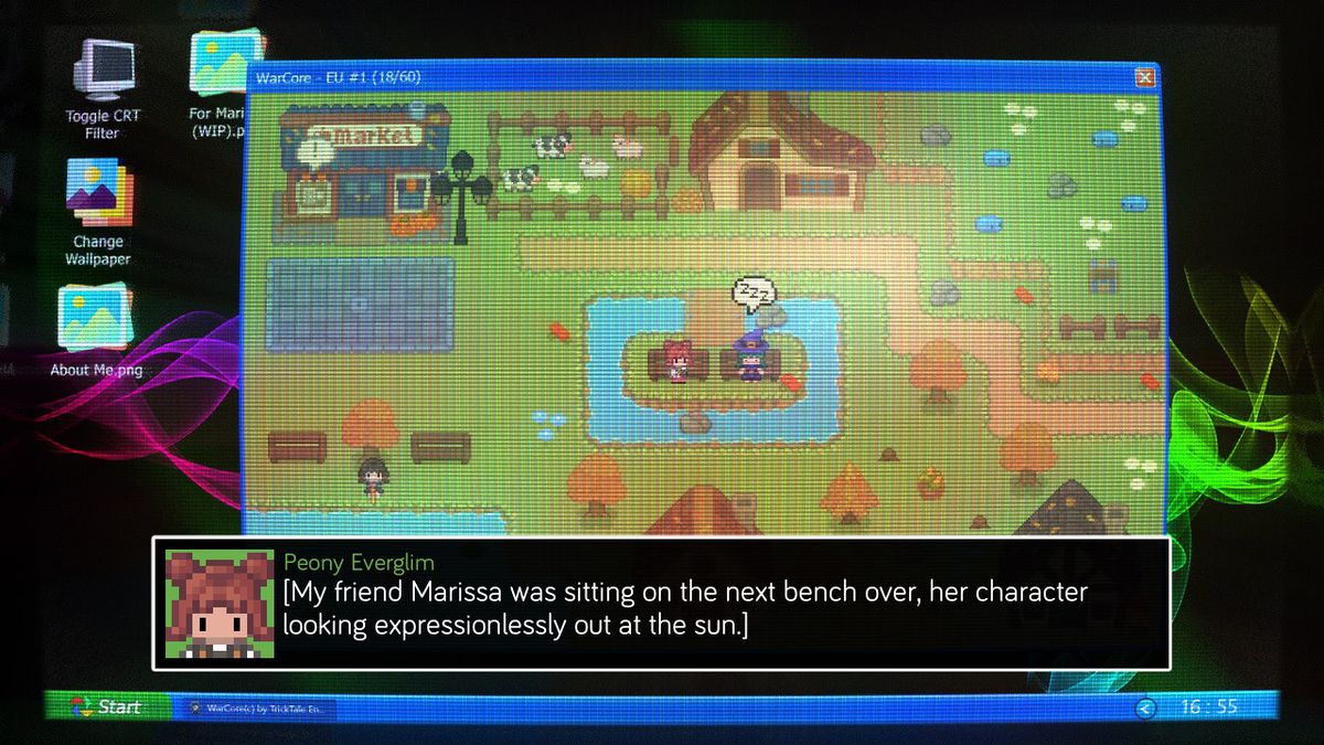 A screenshot from Marissa Is Now Idle shows backup friends sitting on a bench and talking to each other.