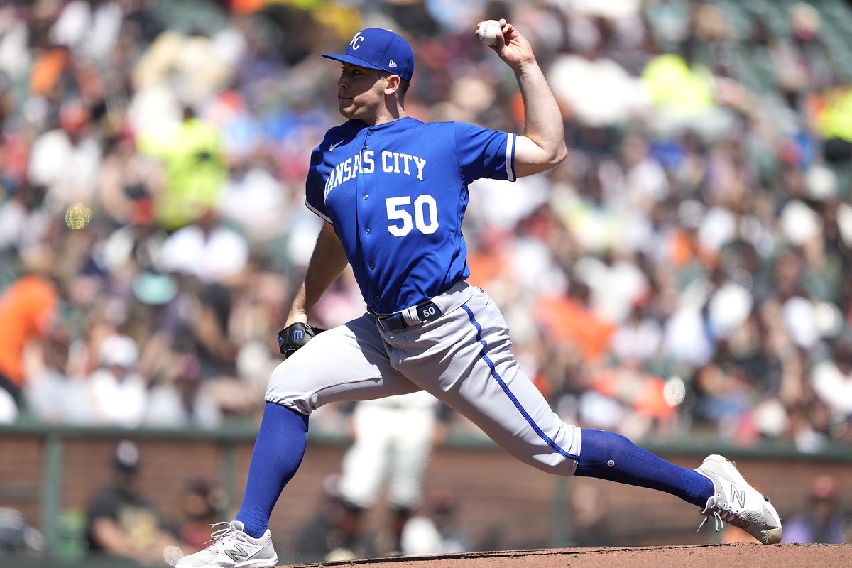Kris Bubic of the Kansas City Royals pitches against the San Francisco Giants in the bottom of the first inning at Oracle Park on April 09, 2023 in San Francisco, California.