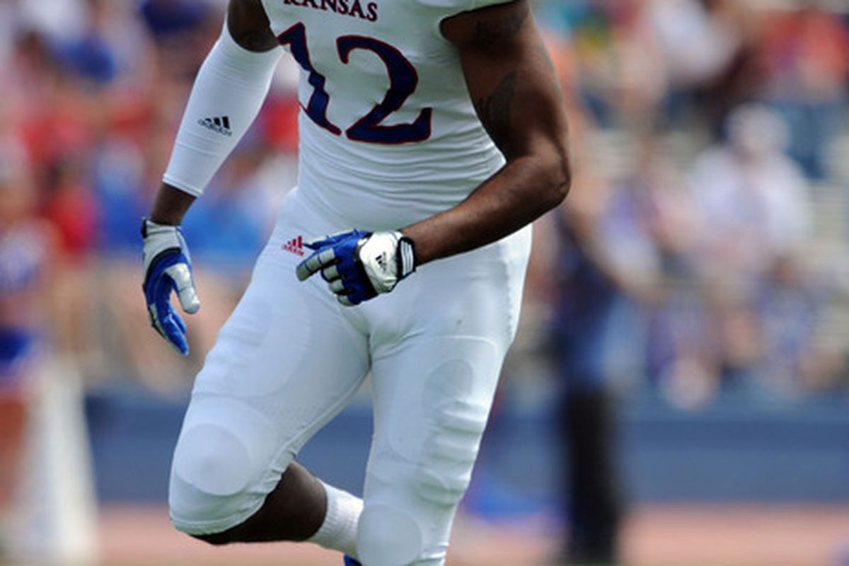 Apr 28, 2012; Lawrence, KS, USA; Kansas Jayhawks wide receiver Christian Matthews (12) lines up in the second half of the Spring Game at Memorial Stadium. Mandatory Credit: John Rieger-US PRESSWIRE