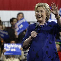 Democratic presidential candidate Hillary Clinton waves to supporters before speaking during a rally, Wednesday, March 2, 2016, in New York. (AP Photo/Julie Jacobson)