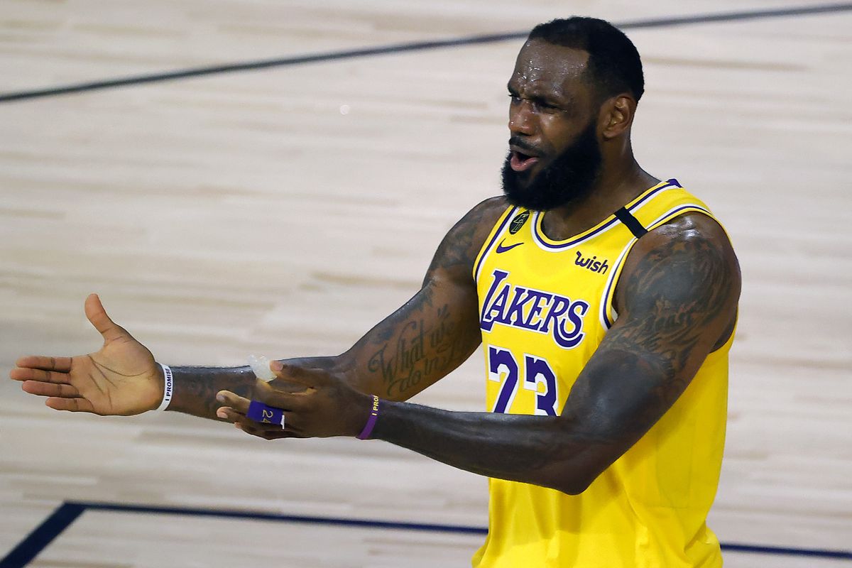 LeBron James of the Los Angeles Lakers reacts to a call against the Oklahoma City Thunder during the fourth quarter at HP Field House at ESPN Wide World Of Sports Complex on August 05, 2020 in Lake Buena Vista, Florida.&nbsp;