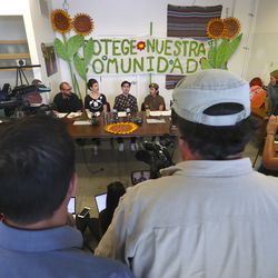 Dave Newlin, left, and Deb Blake, organizers for Utah Against Police Brutality, Anthony Anco, a local community activist, and Carlos Martinez, with the Brown Berets, answer questions about a protest over the inland port that turned violent earlier this week during a press conference Sierra Club offices in Salt Lake City on on Thursday, July 11, 2019.