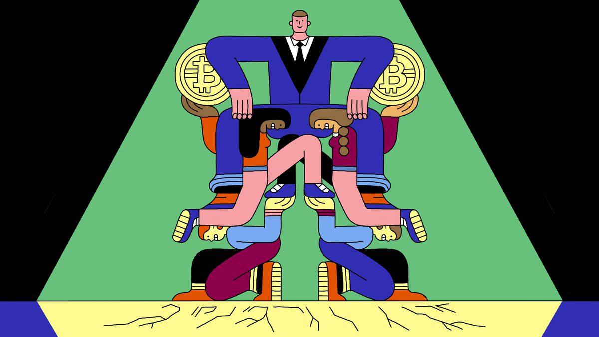 A cartoon drawing of a large figure sitting proudly on top of several people, who are struggling to hold the weight. The scene looks like a king on a throne with two bitcoins in place of arm rests.