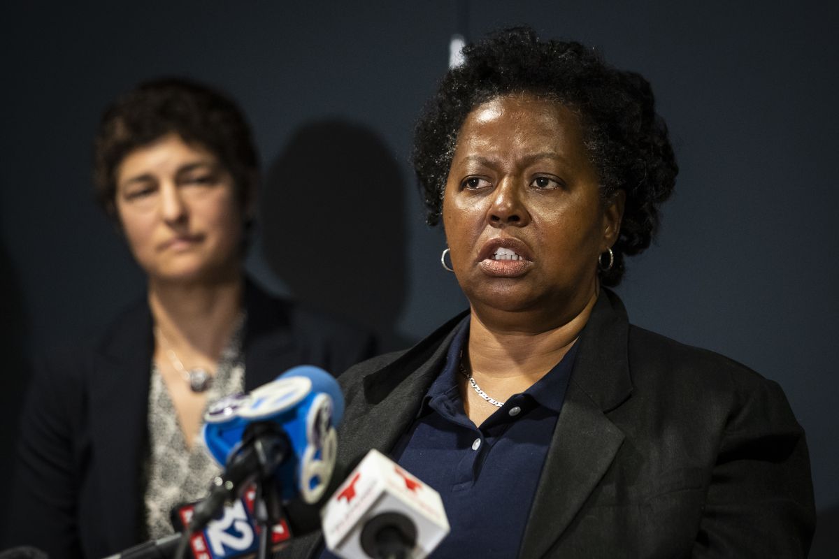 Attorney Marni Willenson looks on as retired correctional officer Denise Hobbs describes alleged sexual assault, sexual harassment and sexual threats she endured from inmates while working at the Cook County Jail, 
