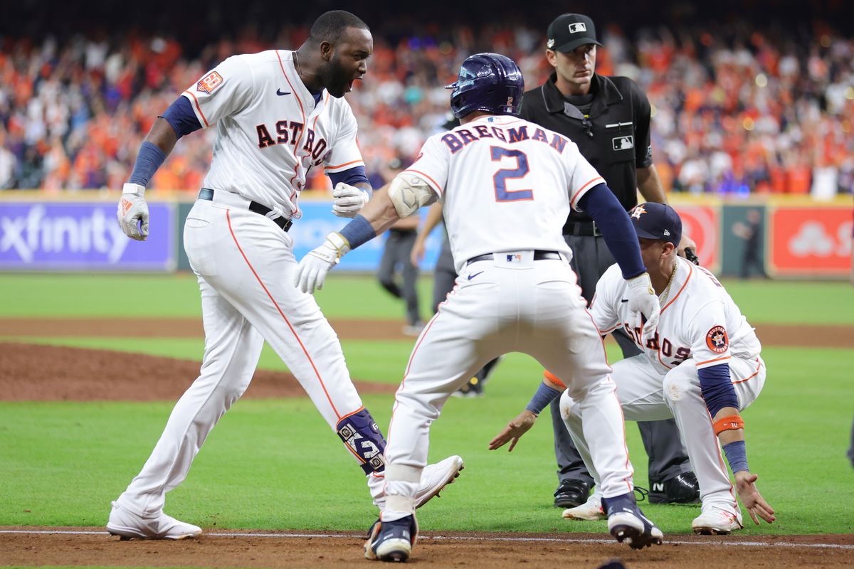 Yordan Alvarez #44 of the Houston Astros celebrates after hitting a walk-off home run against the Seattle Mariners during the ninth inning in game one of the American League Division Series at Minute Maid Park on October 11, 2022 in Houston, Texas.