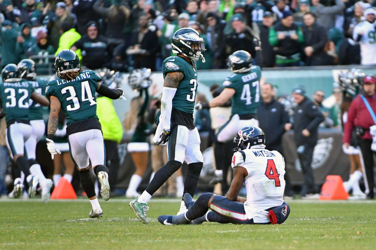 Houston Texans quarterback Deshaun Watson (4) sits on the field after fumbling the ball that was recovered by the Philadelphia Eagles during the fourth quarter at Lincoln Financial Field.