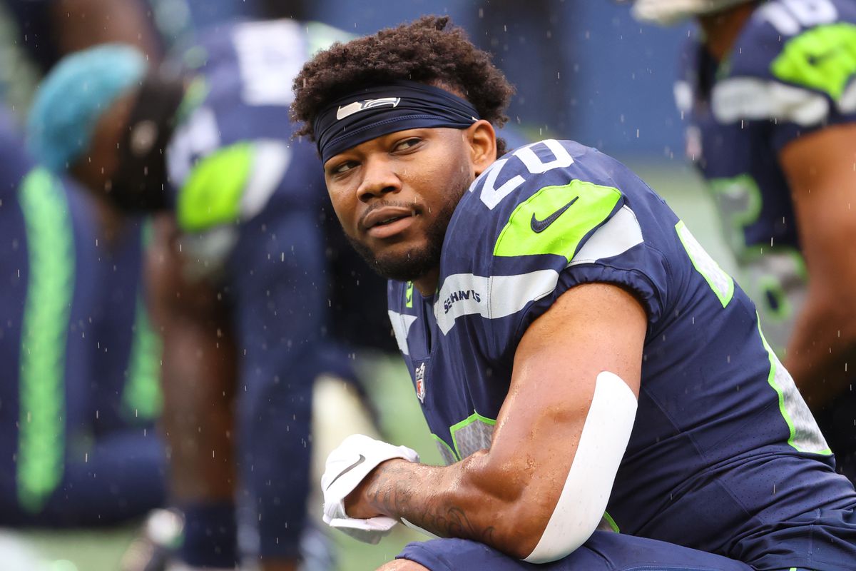 Rashaad Penny #20 of the Seattle Seahawks looks on before the game against the New Orleans Saints at Lumen Field on October 25, 2021 in Seattle, Washington.