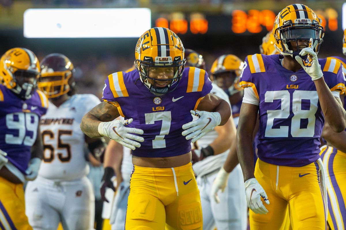 LSU Tigers cornerback Derek Stingley Jr. (7) reacts after making a tackle against the Central Michigan Chippewas at Tiger Stadium.&nbsp;