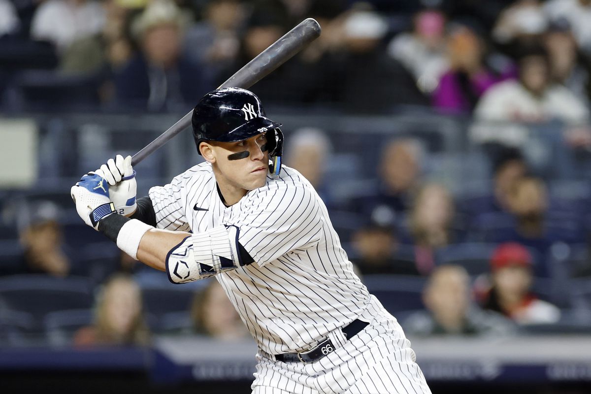 Aaron Judge of the New York Yankees at bat during the sixth inning against the Los Angeles Angels at Yankee Stadium on April 19, 2023 in the Bronx borough of New York City.