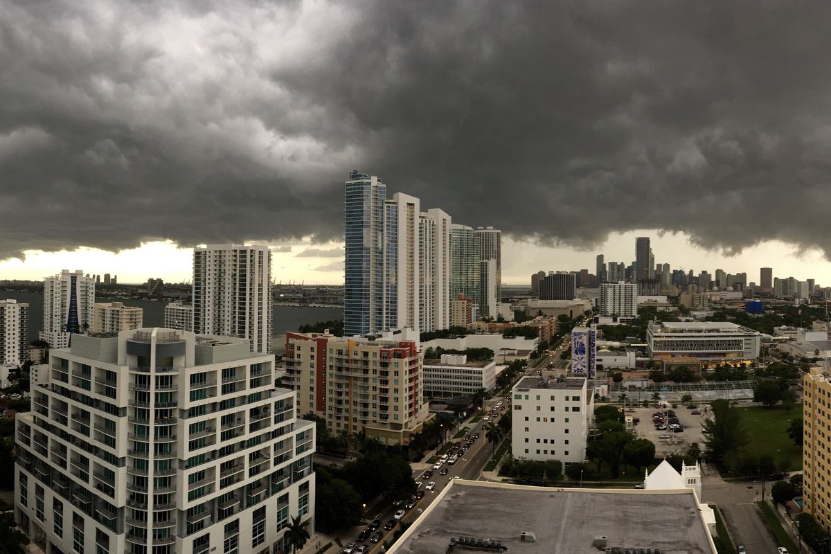 A gloomy Miami afternoon, with dark clouds hovering over Downtown