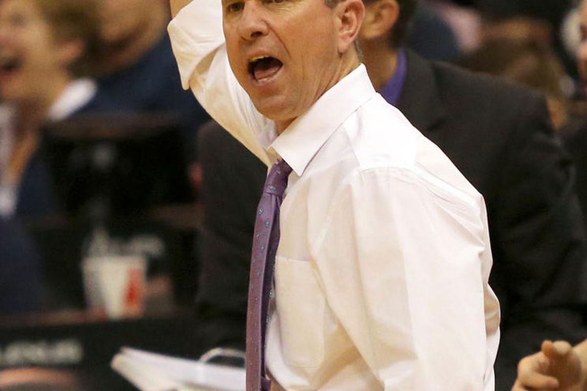 Weber State basketball coach Randy Rahe yells during a game against BYU at the Vivint Arena in Salt Lake City on Saturday, Dec. 5, 2015. BYU won, 73-68.
