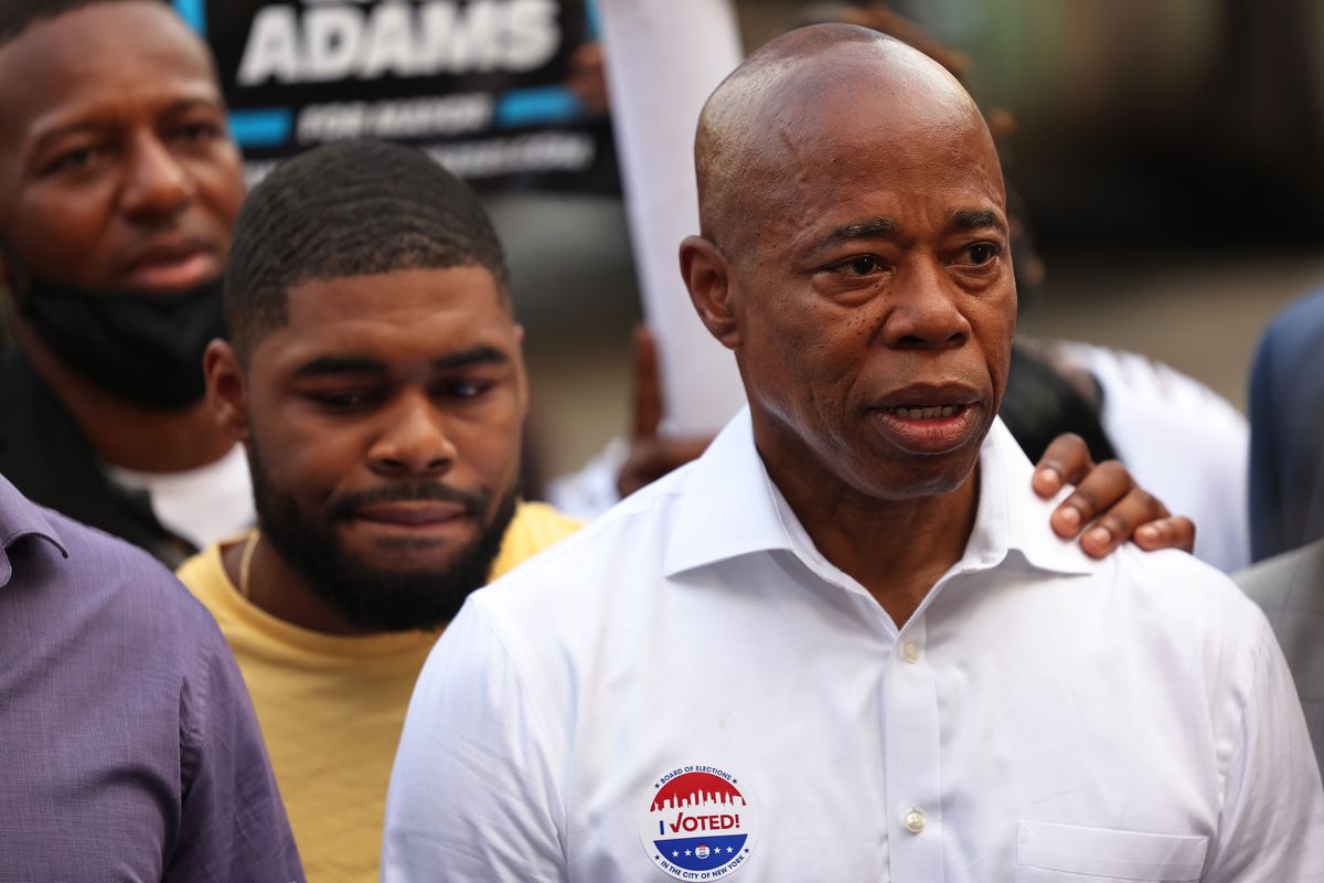 New York City mayoral candidate Eric Adams speaks after voting during Primary Election Day at P.S. 81 on June 22, 2021 in the Bedford-Stuyvesant neighborhood of Brooklyn borough in New York City.