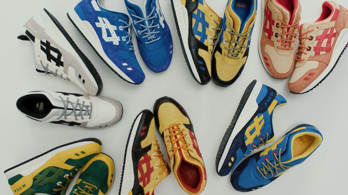 All seven colorways of the new Kith and Asis Gel Lyte 3 shoes, which were made for the 60th anniversary of X-Men.