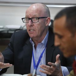 United Nations humanitarian coordinator for Yemen, Jamie McGoldrick, speaks to a press conference in Sanaa, Yemen, Wednesday, March 16, 2016. He told reporters that none of the warring parties there were fulfilling their obligations to protect civilians or facilitate humanitarian assistance. His comments came one day after airstrikes by a Saudi-led coalition targeted a busy market in a northern region controlled by Shiite Houthi rebels, killing and wounding dozens.