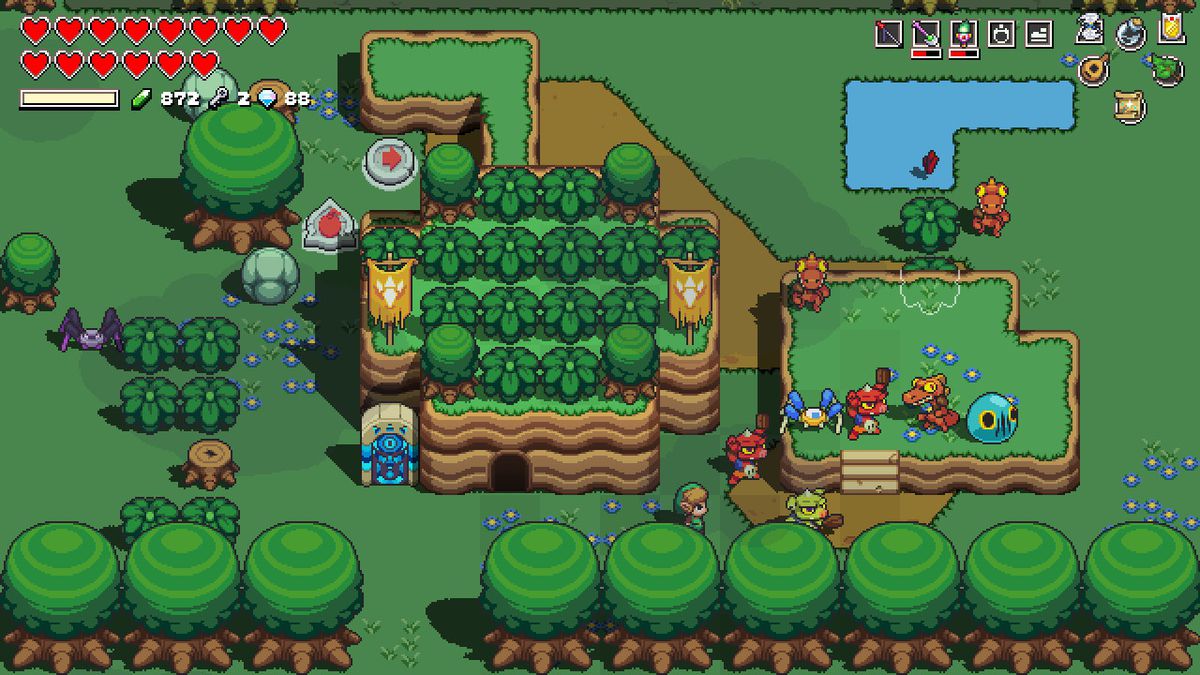 Link stands in a field surrounded by various enemies