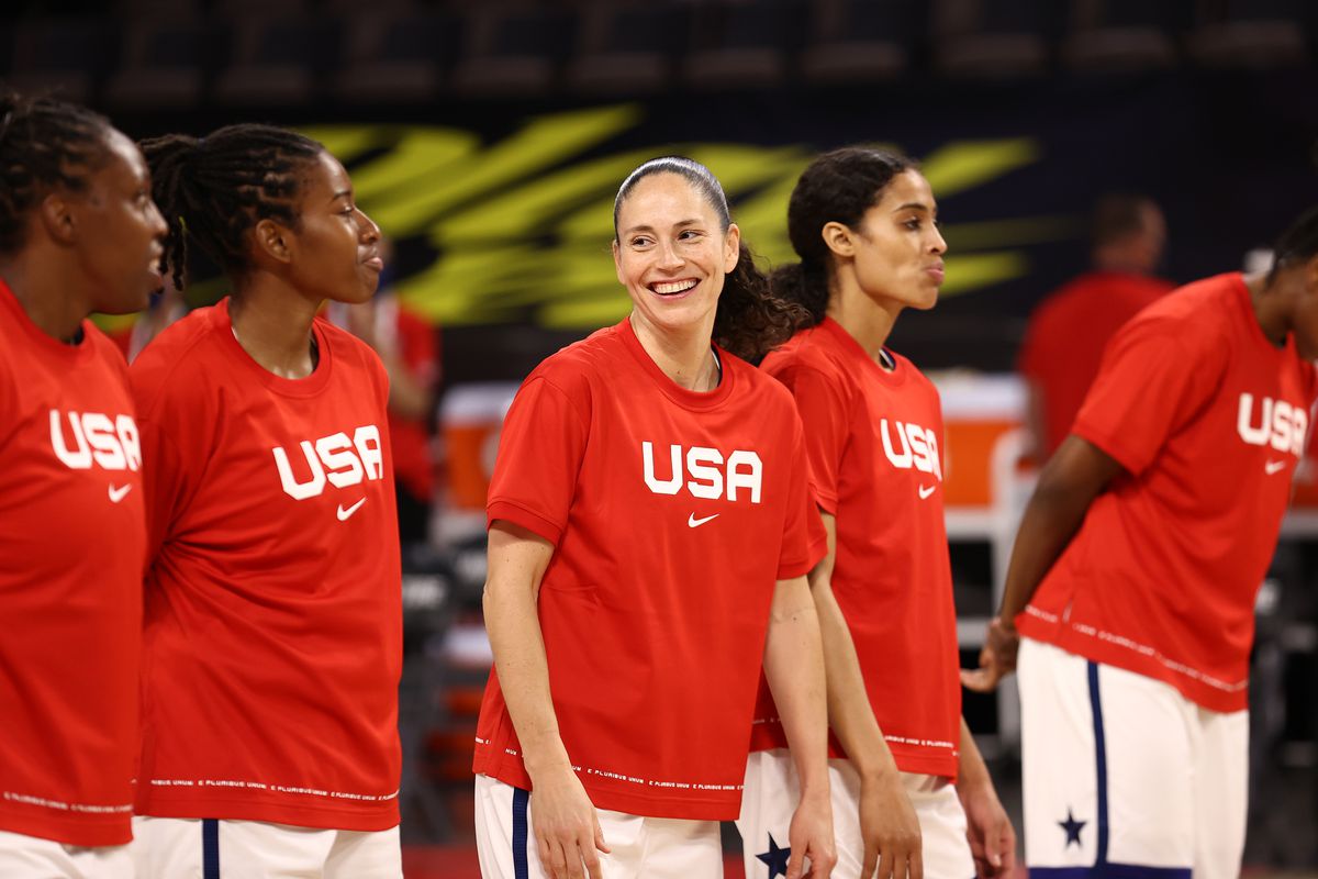 Sue Bird of the USA Basketball Womens National Team smiles before the game against the Nigeria Women’s National Team on July 18, 2021 at Michelob ULTRA Arena in Las Vegas, Nevada.&nbsp;