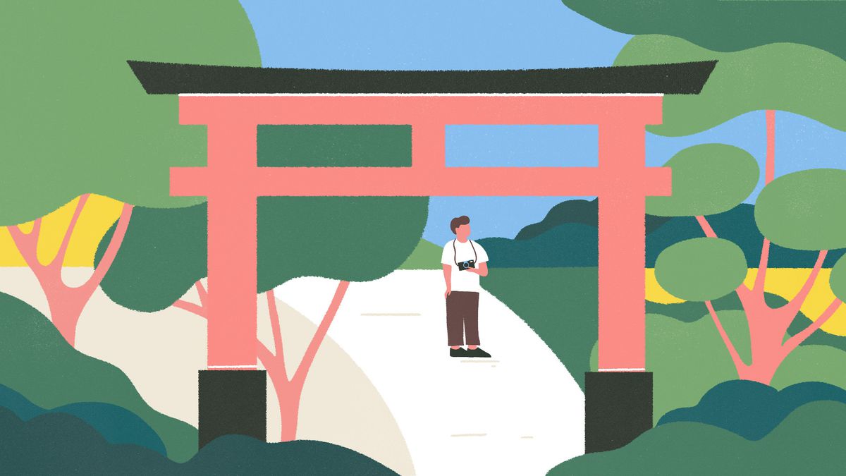 An illustration shows a person with a camera standing in an Asian-style garden surrounded by greenery and seen through a red archway.